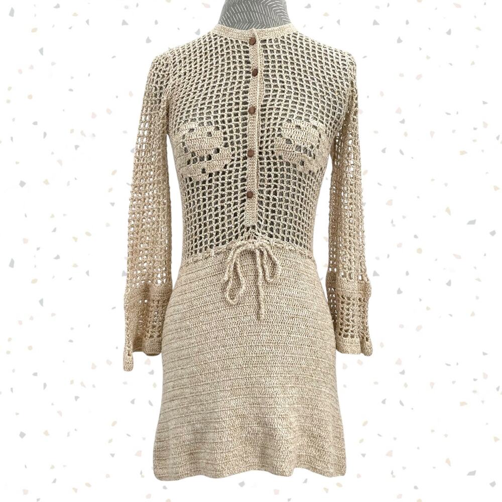 Stoned Immaculate Birkin Crochet Mini Dress Cream Tan Gold Beach Resort Size S